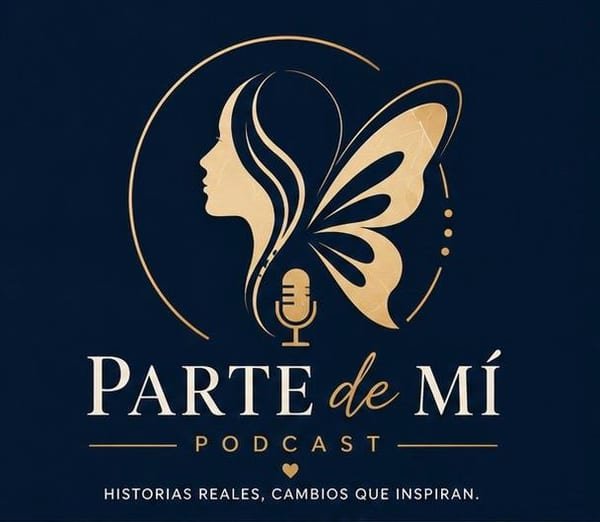 Logo del podcast Parte de Mí: una mujer de perfil que se transforma en mariposa, con un micrófono